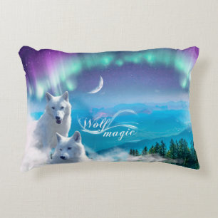 Pair of white wolves with northern lights accent pillow