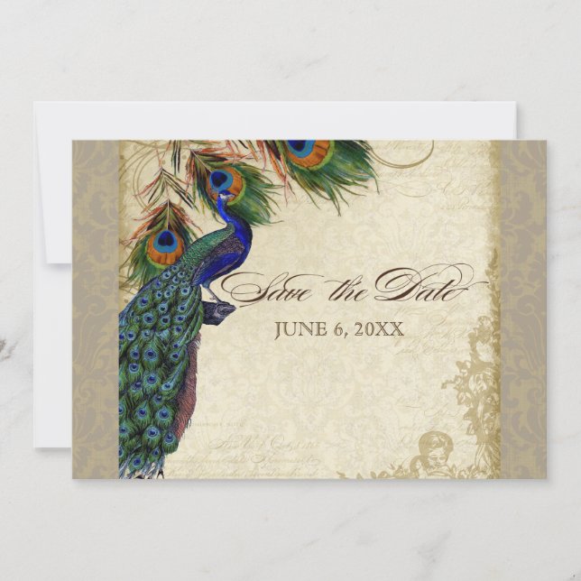 Paire de paon & Plumes Save the Date Formel Taupe  (Devant)