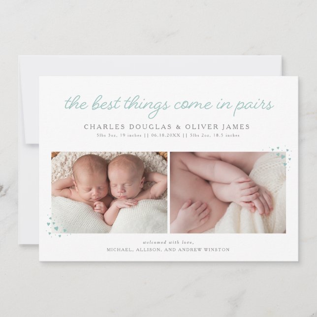 Pairs Twin Boy Faire-part de naissance avec Blue H (Devant)