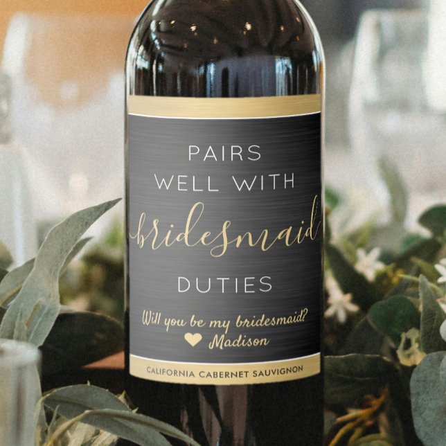 Pairs Well Bridesmaid Proposal Brushed Black Gold Wine Label (Creator Uploaded)