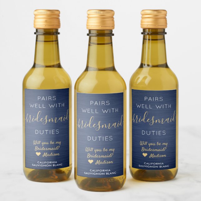 Pairs Well Bridesmaid Proposal Navy Blue Gold Mini Wine Label (Bottles)