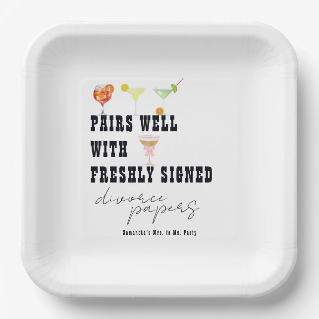 Pairs Well with Divorce Papers Dirty Martini Party Paper Plate (Front)