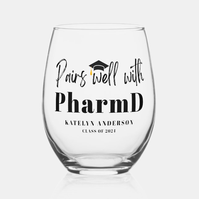 Pairs Well with PharmD Personalized Graduation Stemless Wine Glass (Front)