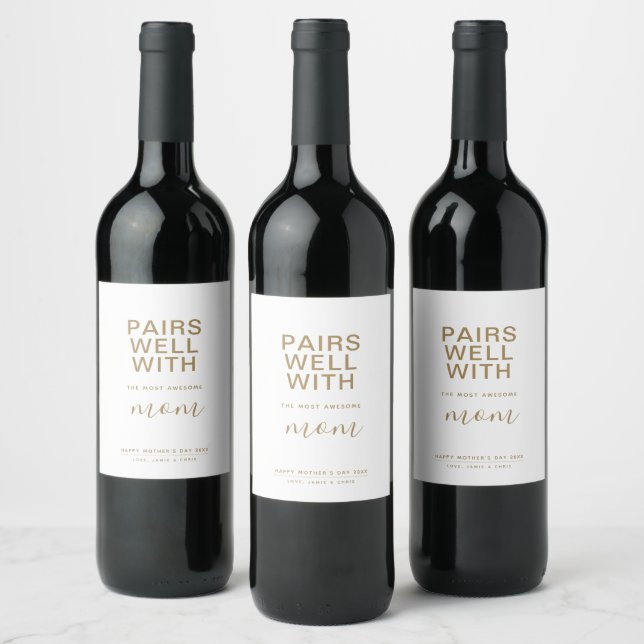 Pairs Well With The Most Awesome Mom Minimalist Wine Label (Bottles)
