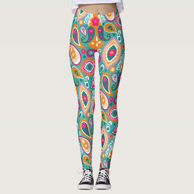 Paisley 70s 60s Boho Retro Leggings (Front)