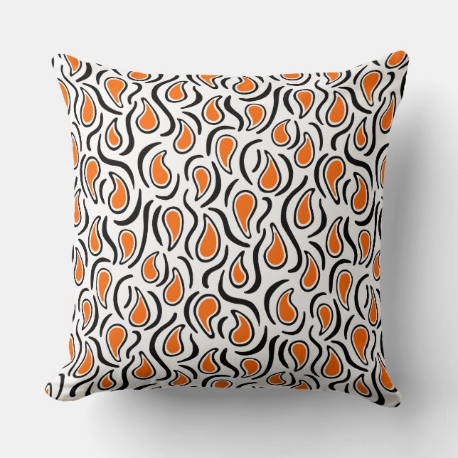 Paisley Abstract 230523 - Orange, Black and White Throw Pillow (Front)