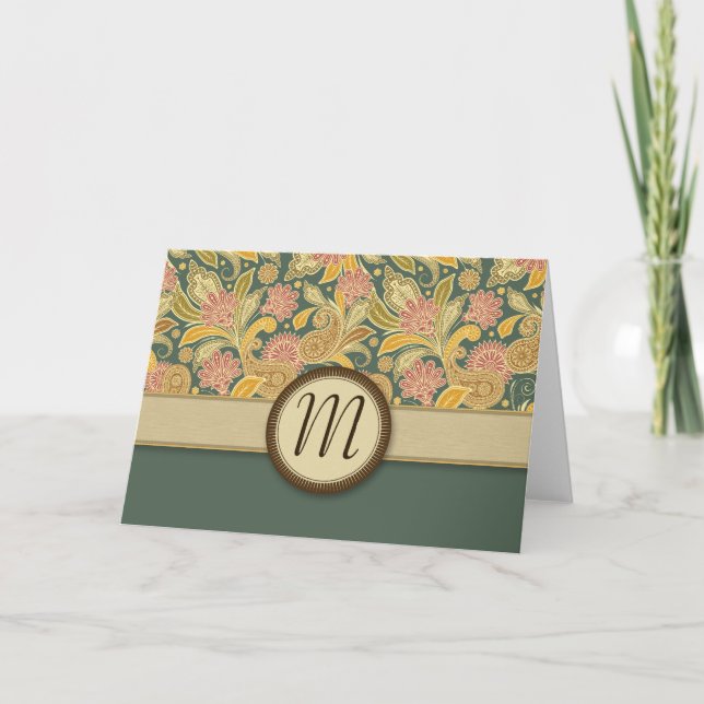 Paisley and Fan Flowers with Monogram Note Card (Front)