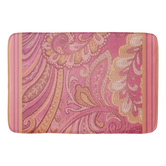 Paisley and Stripes Pink and Orange Gold  Bath Mat (Front)