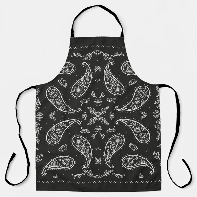 Paisley bandana: black and white print apron (Front)