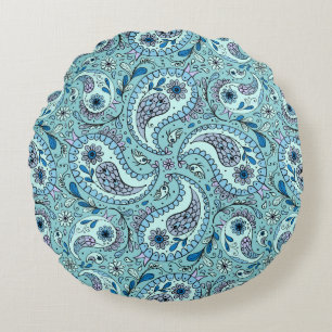 Paisley birds in baby blue round pillow