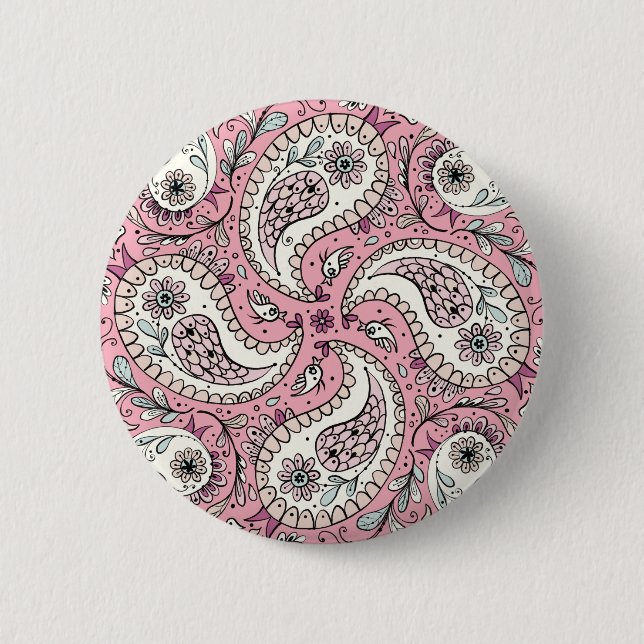 Paisley birds in baby pink 2 inch round button (Front)