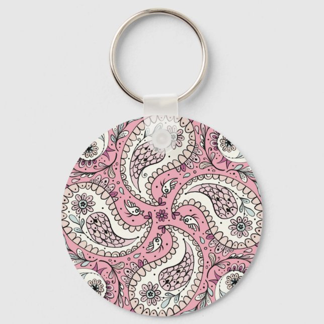Paisley birds in baby pink keychain (Front)