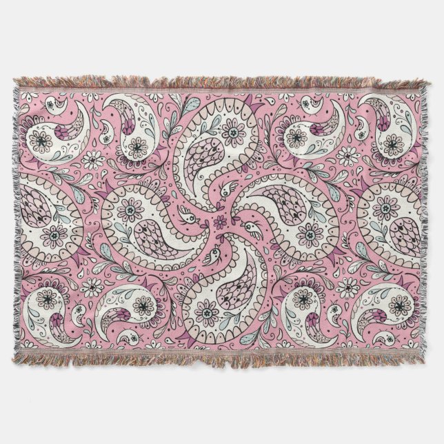 Paisley birds in baby pink throw blanket (Front)