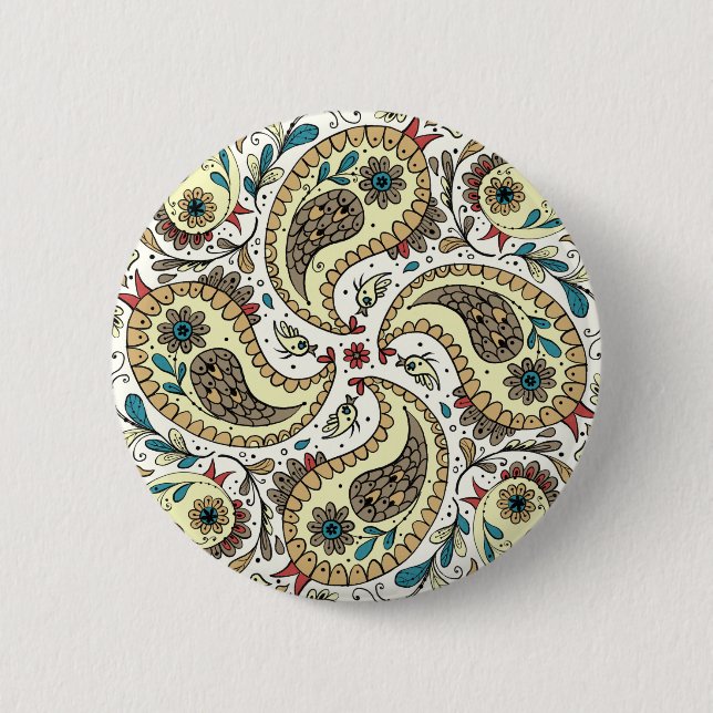 Paisley birds in yellow/brown and white 2 inch round button (Front)