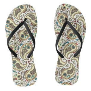 Paisley birds in yellow/brown and white flip flops
