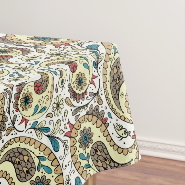 Paisley birds in yellow/brown and white tablecloth (In Situ)