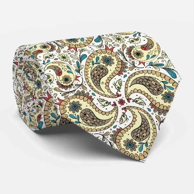 Paisley birds in yellow/brown and white tie (Rolled)