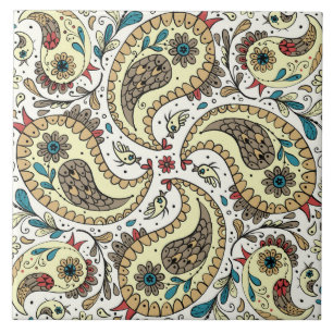 Paisley birds in yellow/brown and white tile