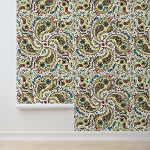 Paisley birds in yellow/brown and white wallpaper