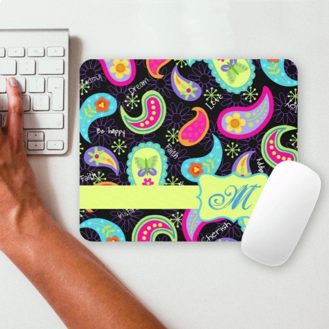 Paisley Black Colourful Modern Pattern Monogram Mouse Pad (Creator Uploaded)