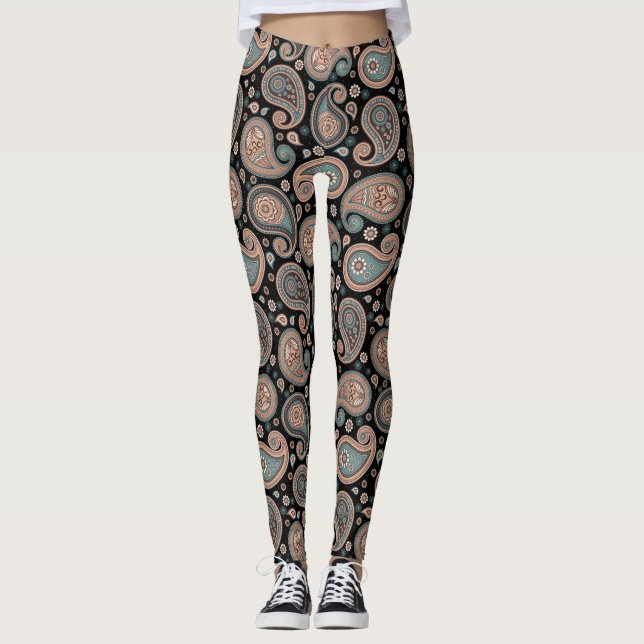 Paisley Black teal elegant yoga pants (Front)