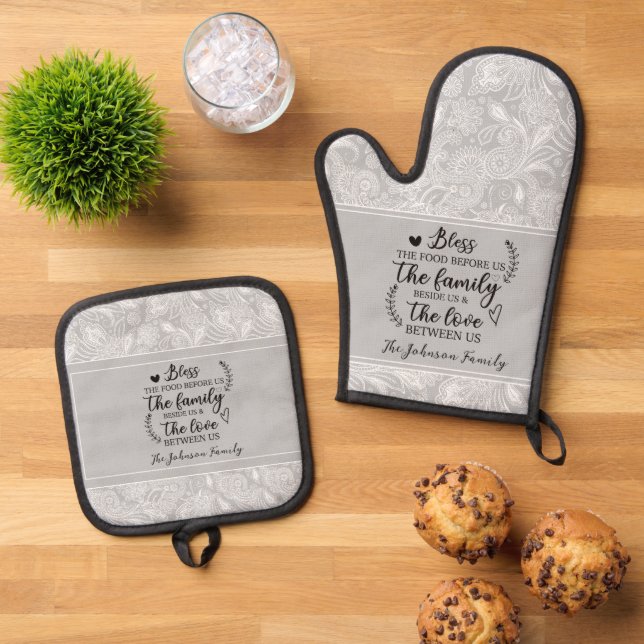 Paisley Blessings personalized family  Oven Mitt & Pot Holder Set (Top Down)
