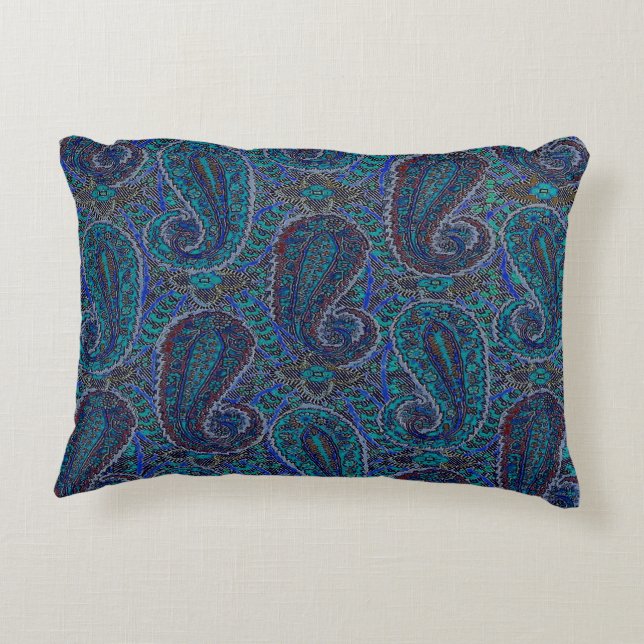 Paisley Blue Indian Boho Art Pattern Accent Pillow (Back)