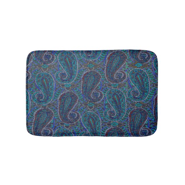 Paisley Blue Indian Boho Art Pattern Bath Mat (Front)