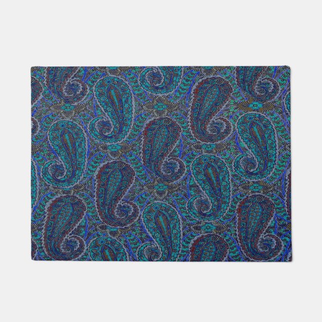 Paisley Blue Indian Boho Art Pattern Doormat (Front)