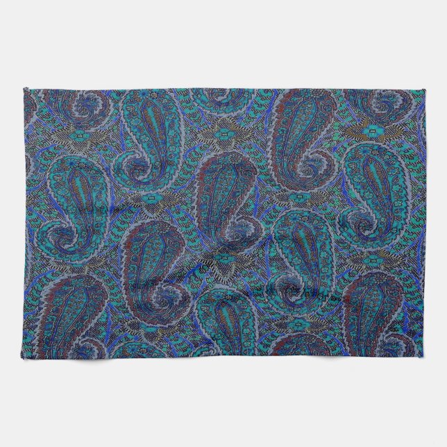 Paisley Blue Indian Boho Art Pattern Kitchen Towel (Horizontal)
