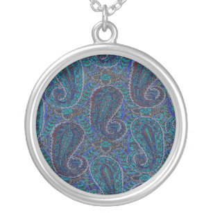 Paisley Blue Indian Boho Art Pattern Silver Plated Necklace