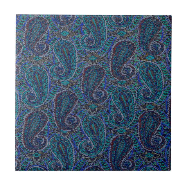 Paisley Blue Indian Boho Art Pattern Tile (Front)