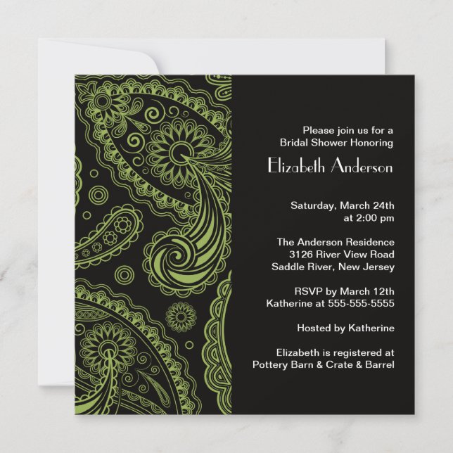 Paisley Bridal Shower Invitation Black & Green (Front)