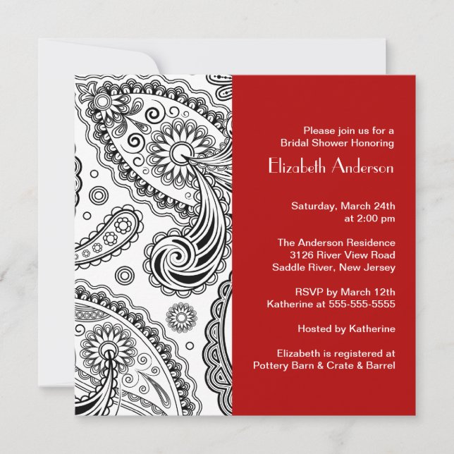 Paisley Bridal Shower Invitation Black & Red (Front)
