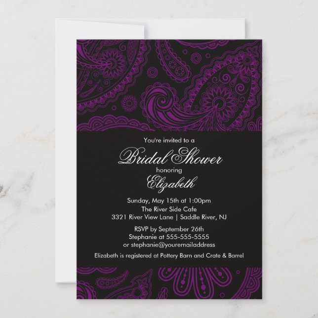 Paisley Bridal Shower Invitation Purple & Black (Front)