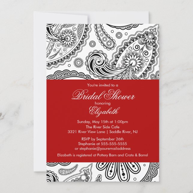 Paisley Bridal Shower Invitation Red & Black (Front)