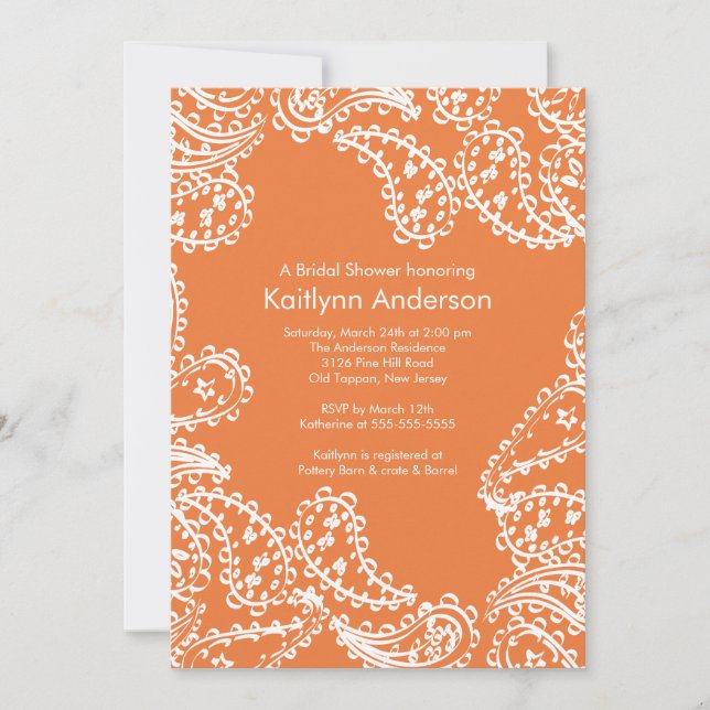 Paisley Bridal Shower Invitation White Coral Rose (Front)