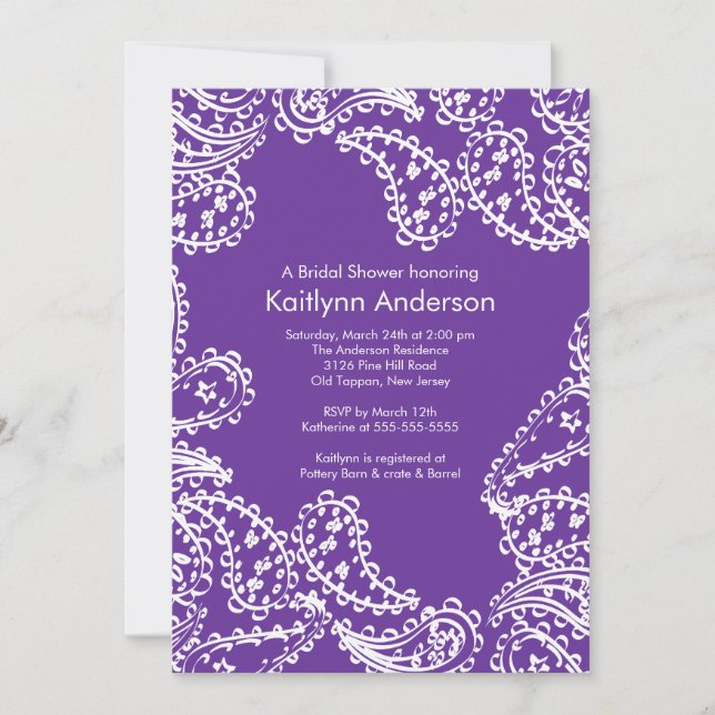 Paisley Bridal Shower Invitation White Purple (Front)