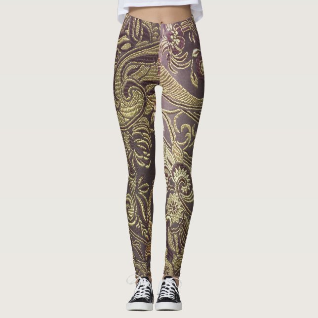 Paisley Brocade Leggings in gold and brown (Front)