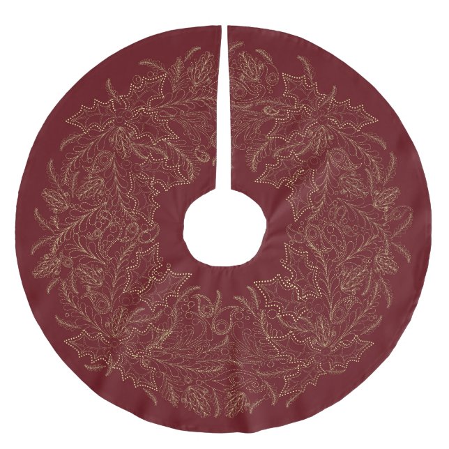 Paisley Christmas Wreath Burgundy & Cream Brushed Polyester Tree Skirt (Front)