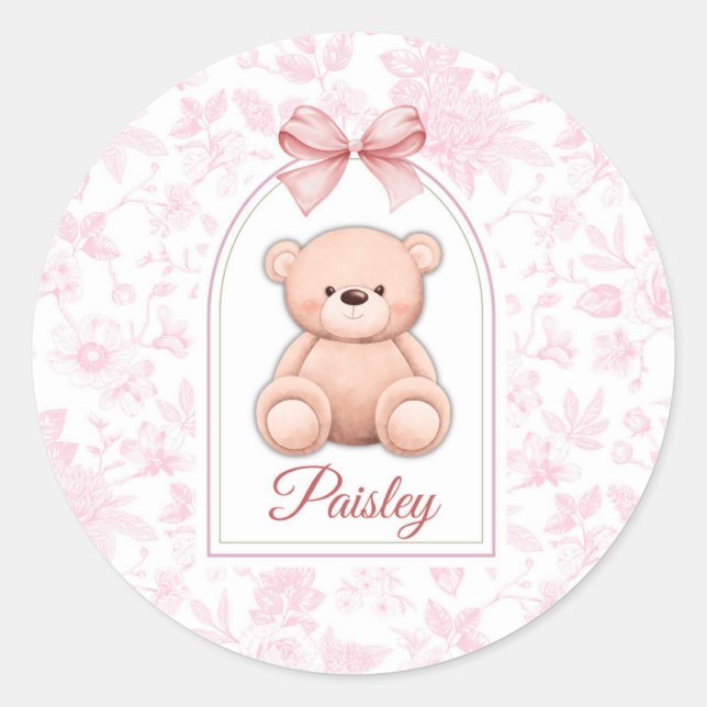 Paisley | Custom Pink Teddy Bear Nursery Design  Classic Round Sticker (Front)