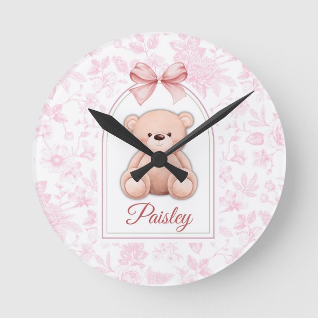 Paisley | Custom Pink Teddy Bear Nursery Design  Round Clock (Front)