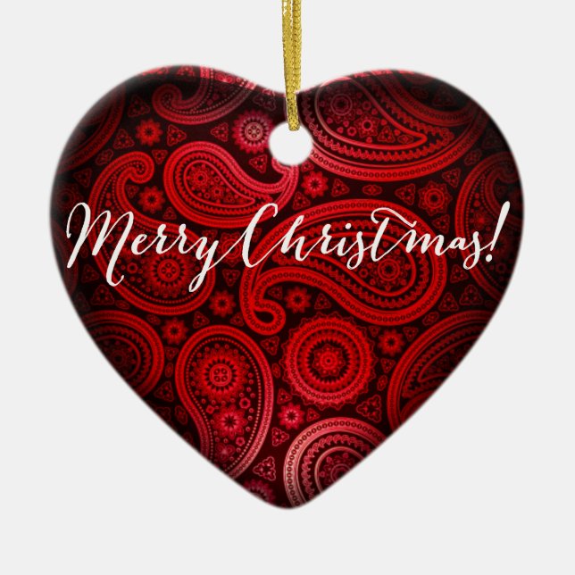 Paisley Deluxe Merry Christmas Heart | red Ceramic Ornament (Front)