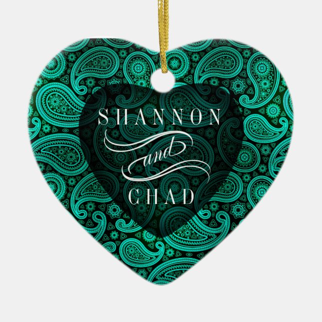 Paisley Deluxe Sheer Heart First Christmas | teal Ceramic Ornament (Front)