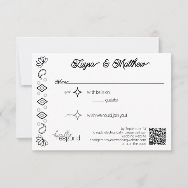 Paisley Diamond Simple White Black QR Code RSVP (Front)
