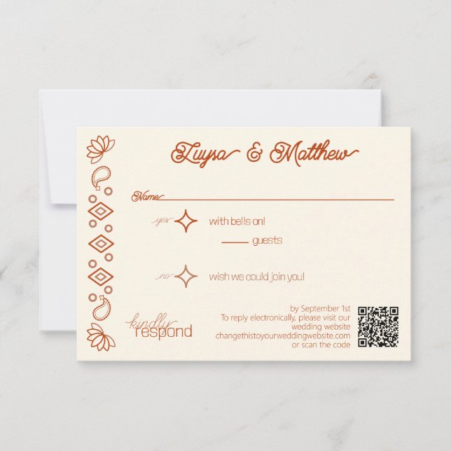 Paisley Diamond Western Rust Ivory QR Code RSVP Card (Front)