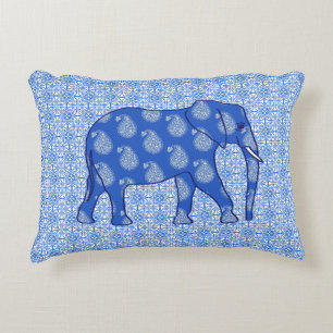 Paisley elephant - cobalt blue and white accent pillow