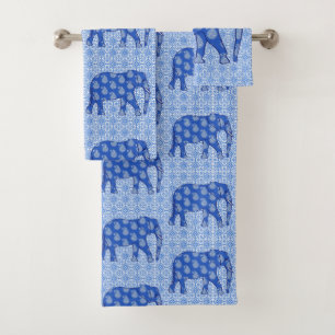 Paisley elephant, cobalt blue and white bath towel set