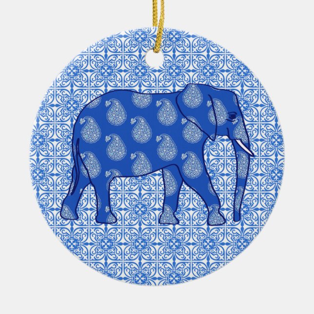 Paisley elephant - cobalt blue and white ceramic ornament (Front)