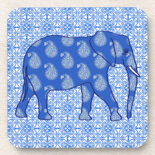Paisley elephant - cobalt blue and white coaster
